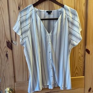 Ann Taylor White and navy  Striped V-Neck Blouse